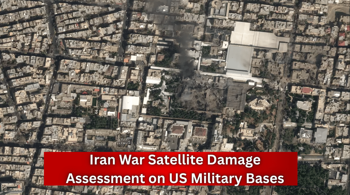 Satellite view showing urban destruction and smoke after strikes during the Iran war, used for damage assessment on US military bases.
