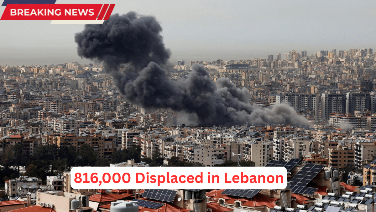 Smoke rises over Beirut as Israeli airstrikes intensify, forcing 816,000 people to flee in the Lebanon humanitarian crisis.