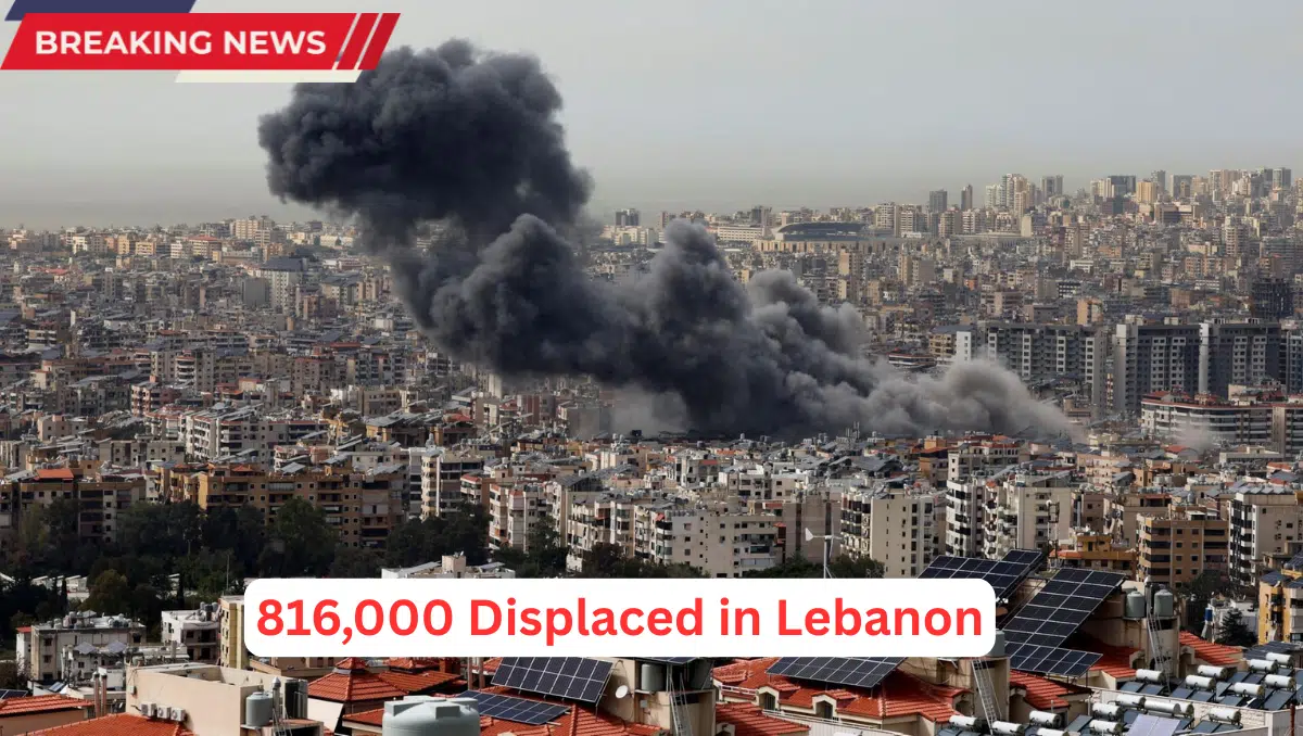 Smoke rises over Beirut as Israeli airstrikes intensify, forcing 816,000 people to flee in the Lebanon humanitarian crisis.