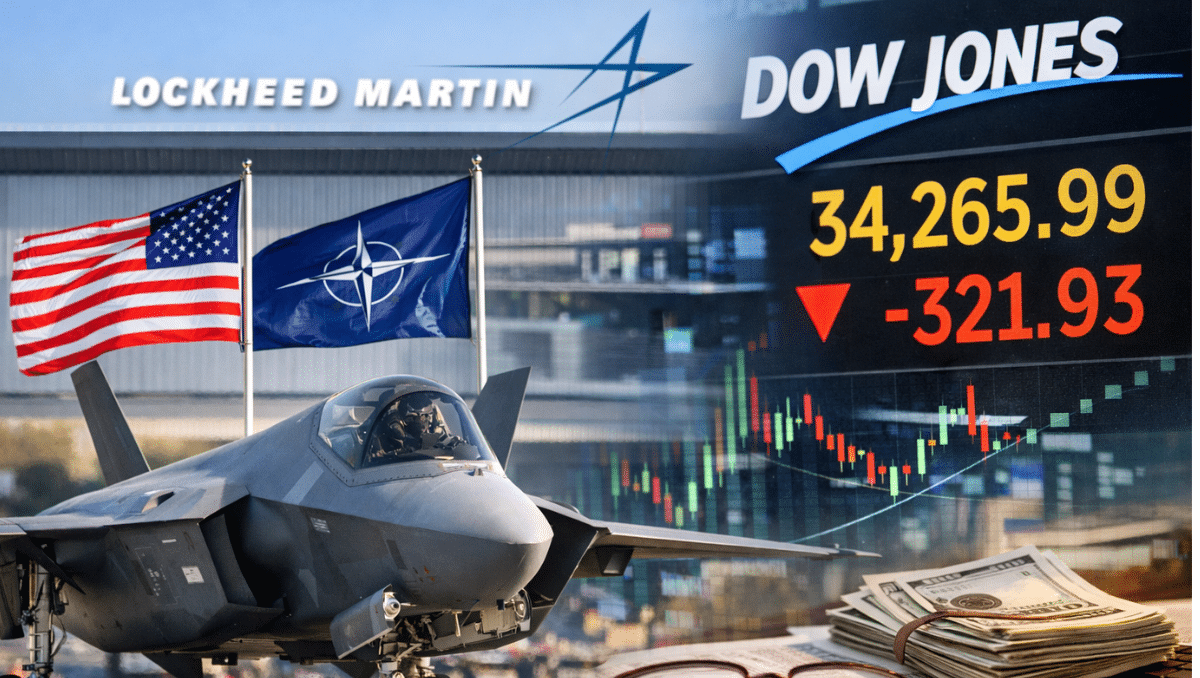 F-35 fighter jet parked outside a Lockheed Martin facility in the United States with American and NATO flags in the background.