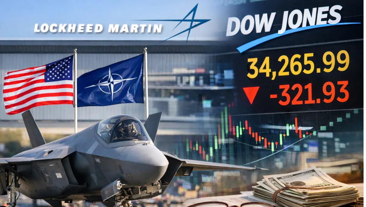 F-35 fighter jet parked outside a Lockheed Martin facility in the United States with American and NATO flags in the background.