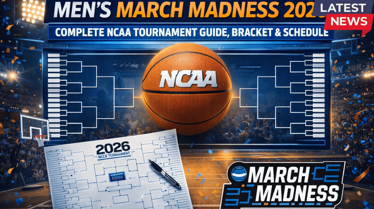 A promotional graphic for the 2026 Men's March Madness NCAA Tournament featuring a large basketball with the "NCAA" logo in the center. The background shows a crowded basketball arena with blue and gold confetti falling. In the foreground, a physical tournament bracket sheet lies on a court with a black pen, alongside a "March Madness" logo in the bottom right corner.