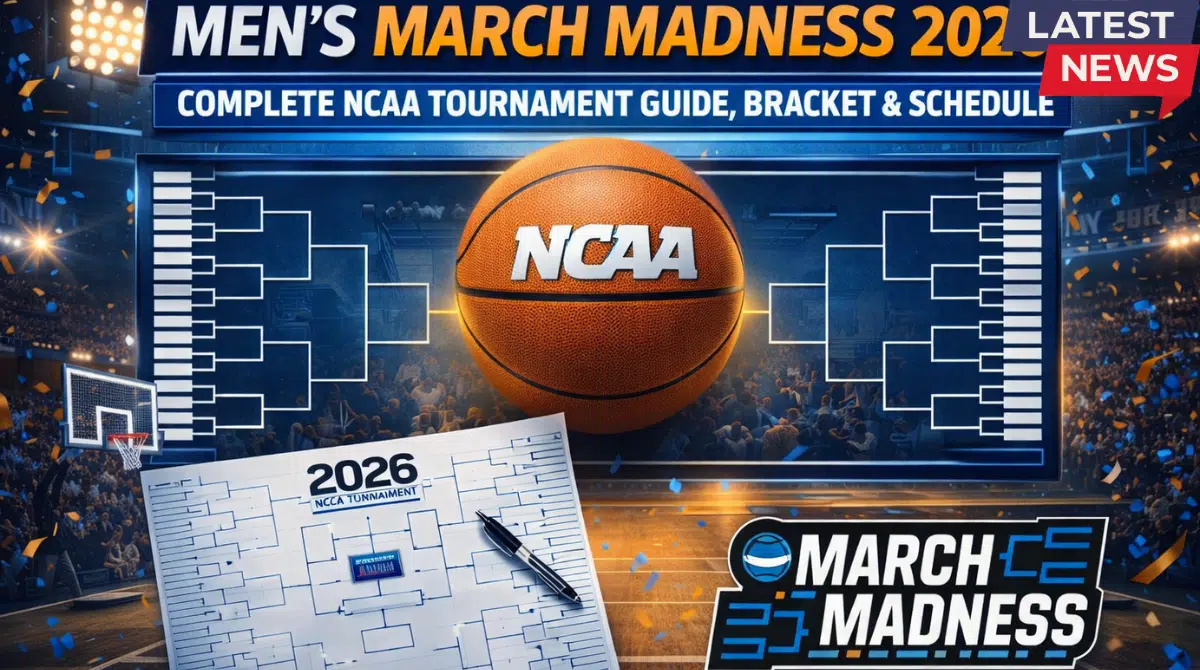 A promotional graphic for the 2026 Men's March Madness NCAA Tournament featuring a large basketball with the "NCAA" logo in the center. The background shows a crowded basketball arena with blue and gold confetti falling. In the foreground, a physical tournament bracket sheet lies on a court with a black pen, alongside a "March Madness" logo in the bottom right corner.