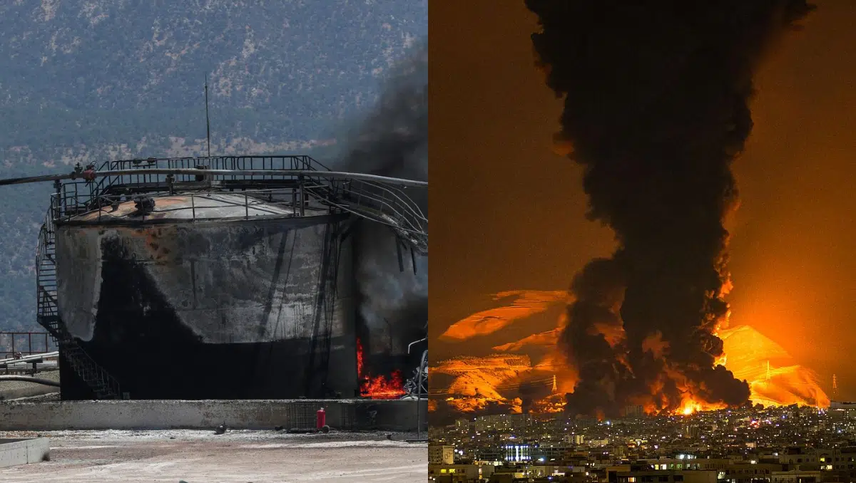 Security teams inspect damaged infrastructure after a Middle East drone strike targeting a critical facility.