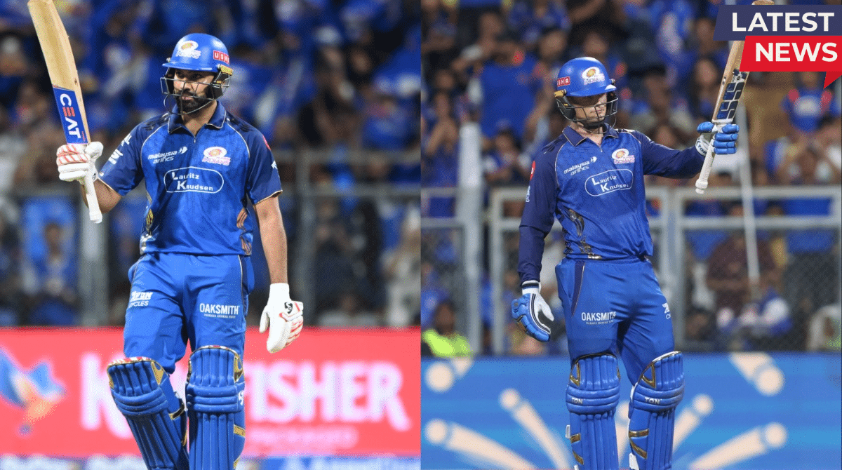 Rohit Sharma and Ryan Rickelton celebrating during Mumbai Indians’ successful 221 run chase against Kolkata Knight Riders in IPL 2026