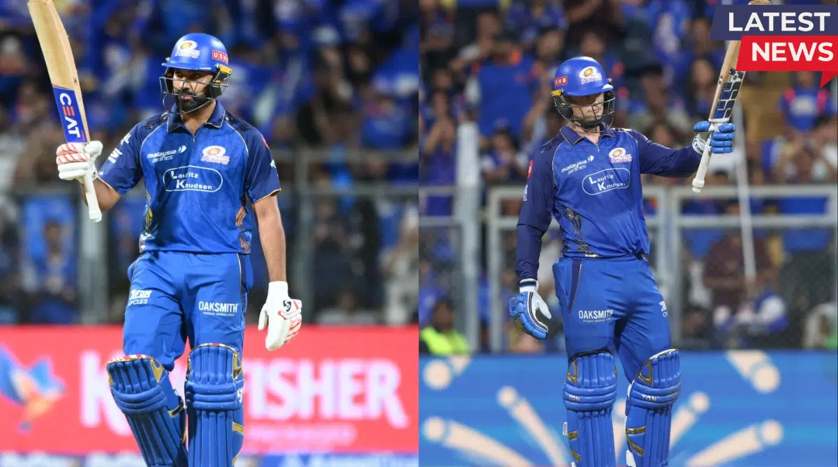 Rohit Sharma and Ryan Rickelton celebrating during Mumbai Indians’ successful 221 run chase against Kolkata Knight Riders in IPL 2026