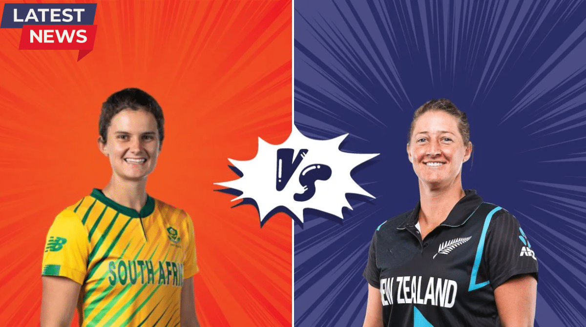 South Africa Women vs New Zealand Women cricket match featuring players in team jerseys with a versus graphic background