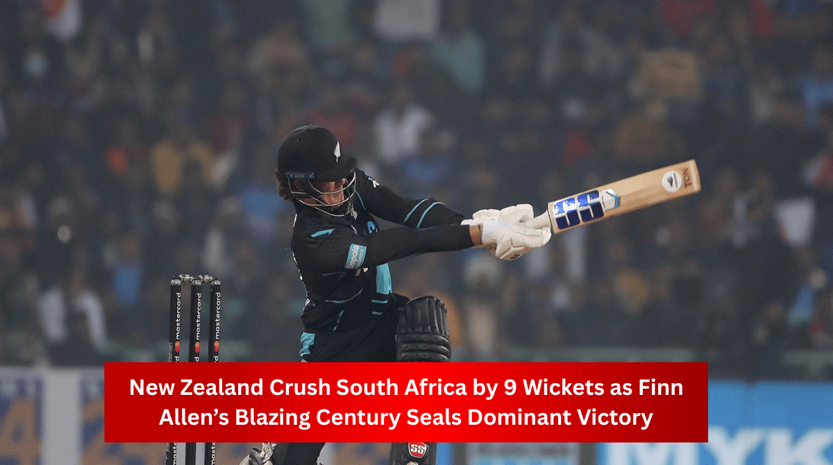 New Zealand batsman Finn Allen plays an aggressive shot during a T20 match against South Africa, showcasing his powerful stroke play.
