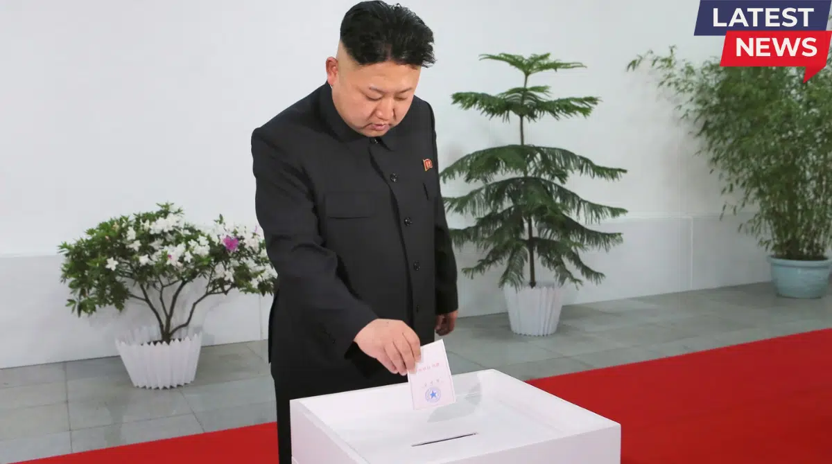 Kim Jong Un casting his vote into a ballot box during an election in North Korea, symbolizing the country’s controlled voting system.
