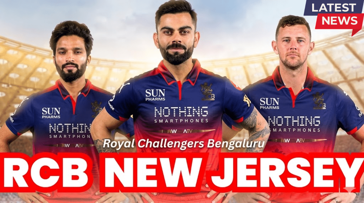 Royal Challengers Bengaluru (RCB) players Virat Kohli, Devdutt Padikkal, and Tim David posing with the new IPL 2026 jersey featuring Sun and Nothing sponsors at the Unbox event.