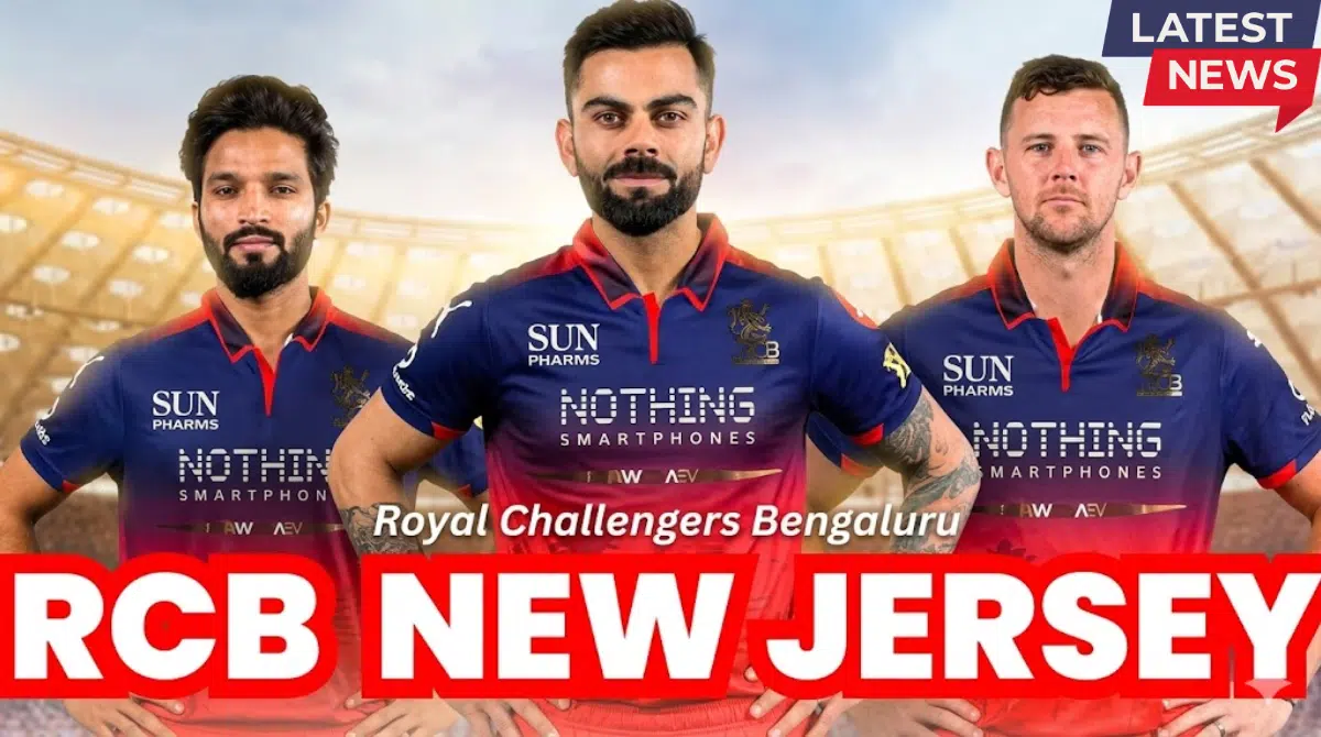 Royal Challengers Bengaluru (RCB) players Virat Kohli, Devdutt Padikkal, and Tim David posing with the new IPL 2026 jersey featuring Sun and Nothing sponsors at the Unbox event.