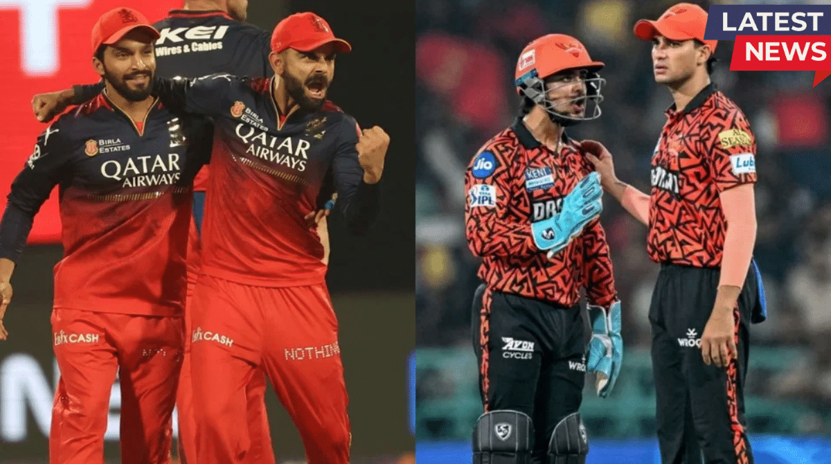 RCB players celebrating a wicket while SRH players discuss strategy during an IPL 2026 match