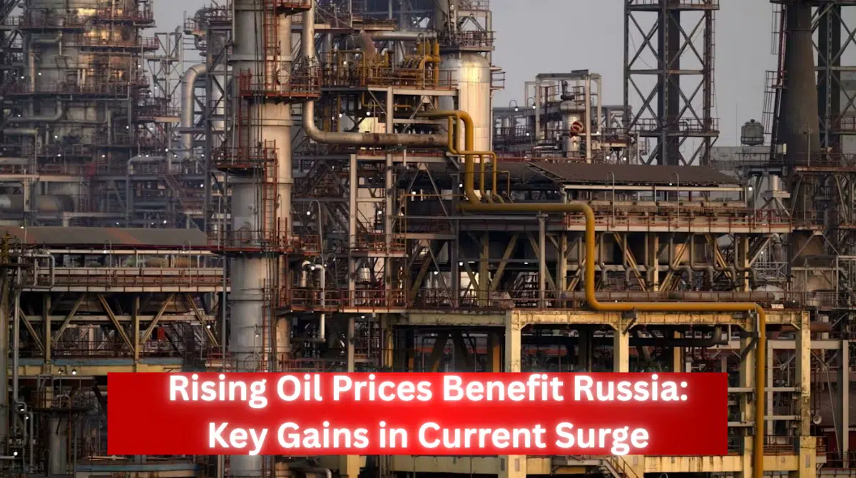 Large industrial oil refinery with pipelines and processing towers illustrating the impact of rising global oil prices benefiting Russia.