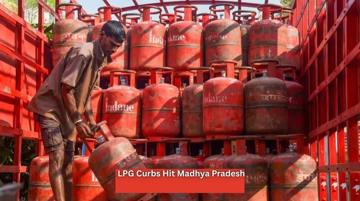 Worker loading red LPG cylinders on a truck as commercial LPG supply curbs affect catering services in Madhya Pradesh