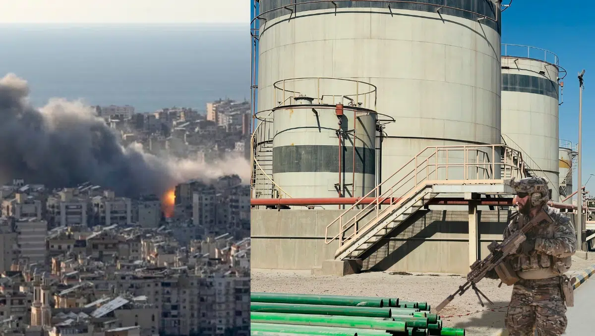 Middle East conflict explosion scene, oil storage tanks and soldier representing global tensions in top world headlines today
