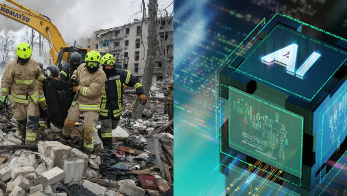 Rescue workers search through rubble after a building collapse while an artificial intelligence microchip illustration represents global technology developments