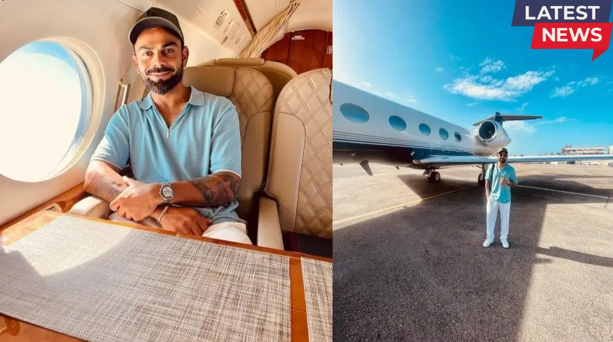 Virat Kohli sitting inside a luxury private jet cabin and standing beside a chartered aircraft on the runway, highlighting premium travel during IPL season.