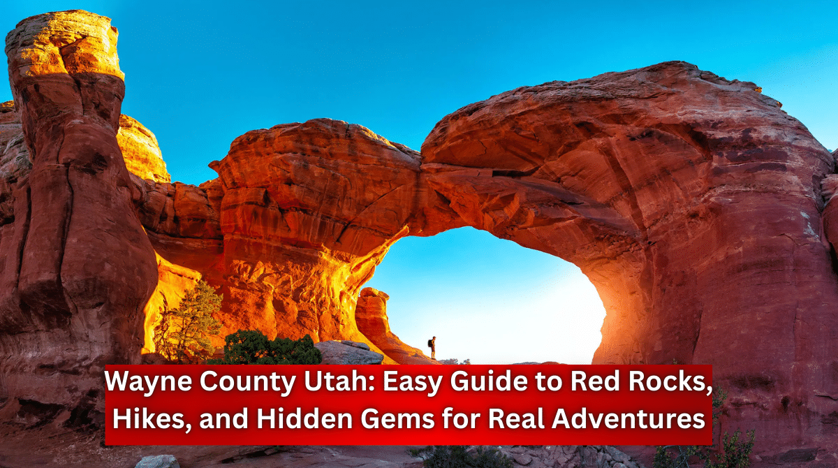 Massive natural red rock arch formation in Wayne County, Utah glowing in golden sunlight with a hiker standing beneath the arch.