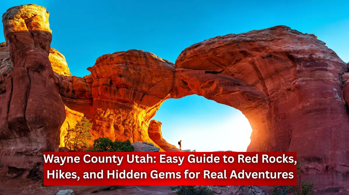 Massive natural red rock arch formation in Wayne County, Utah glowing in golden sunlight with a hiker standing beneath the arch.