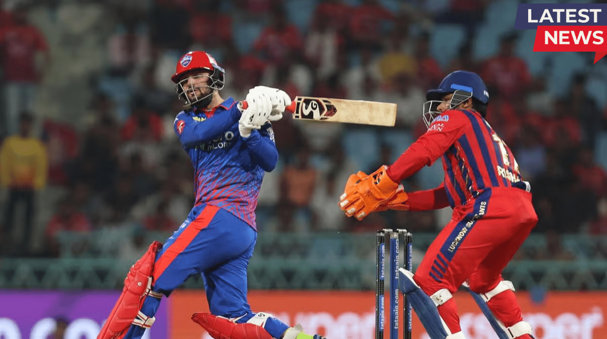 Delhi Capitals batter plays an aggressive shot while Lucknow Super Giants wicketkeeper prepares behind the stumps during an IPL 2026 match