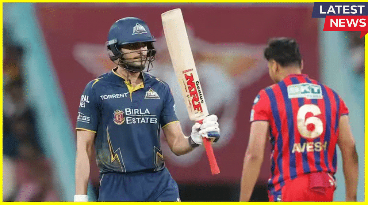 Gujarat Titans batter celebrates after scoring a half-century during an IPL 2026 match against Lucknow Super Giants as a bowler walks past in the background.