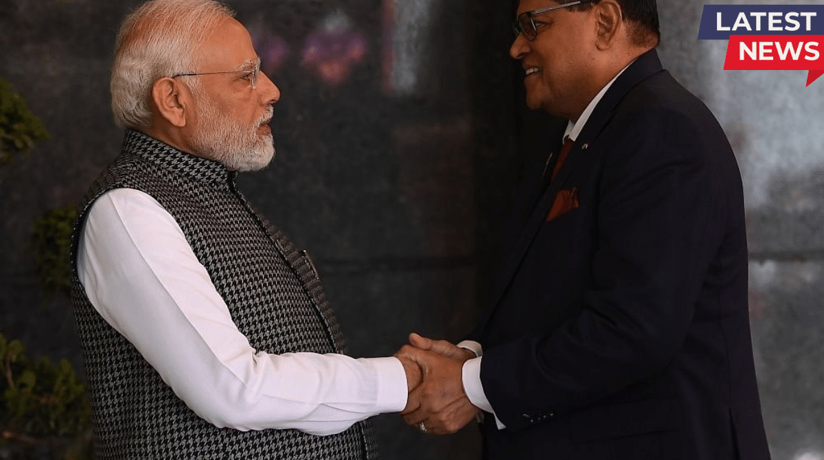 Indian Prime Minister Narendra Modi shaking hands with Suriname President Chan Santokhi during a formal meeting