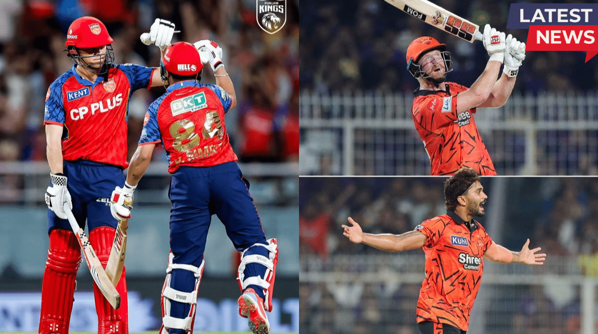 Punjab Kings players celebrate a crucial partnership while Sunrisers Hyderabad batsman plays an attacking shot and a bowler reacts during an IPL 2026 match.
