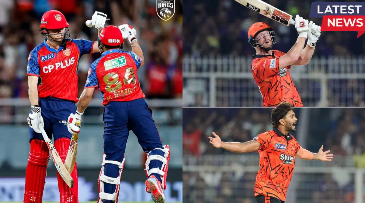 Punjab Kings players celebrate a crucial partnership while Sunrisers Hyderabad batsman plays an attacking shot and a bowler reacts during an IPL 2026 match.