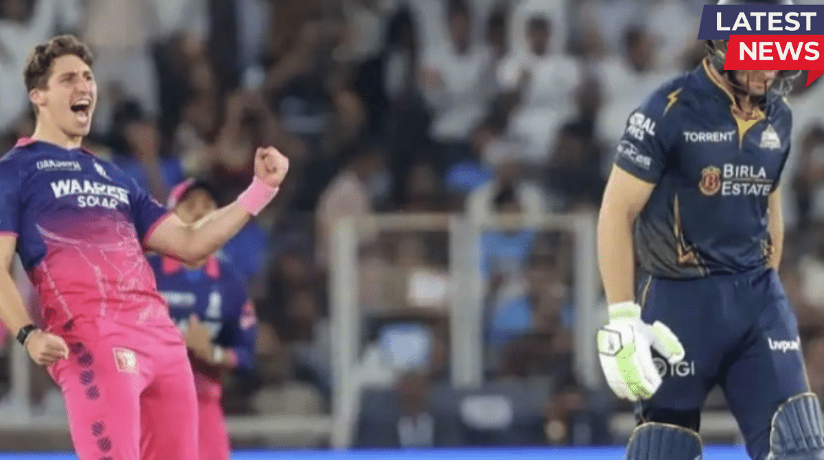 Rajasthan Royals bowler celebrates wicket as Gujarat Titans batsman reacts during high-scoring IPL 2026 match