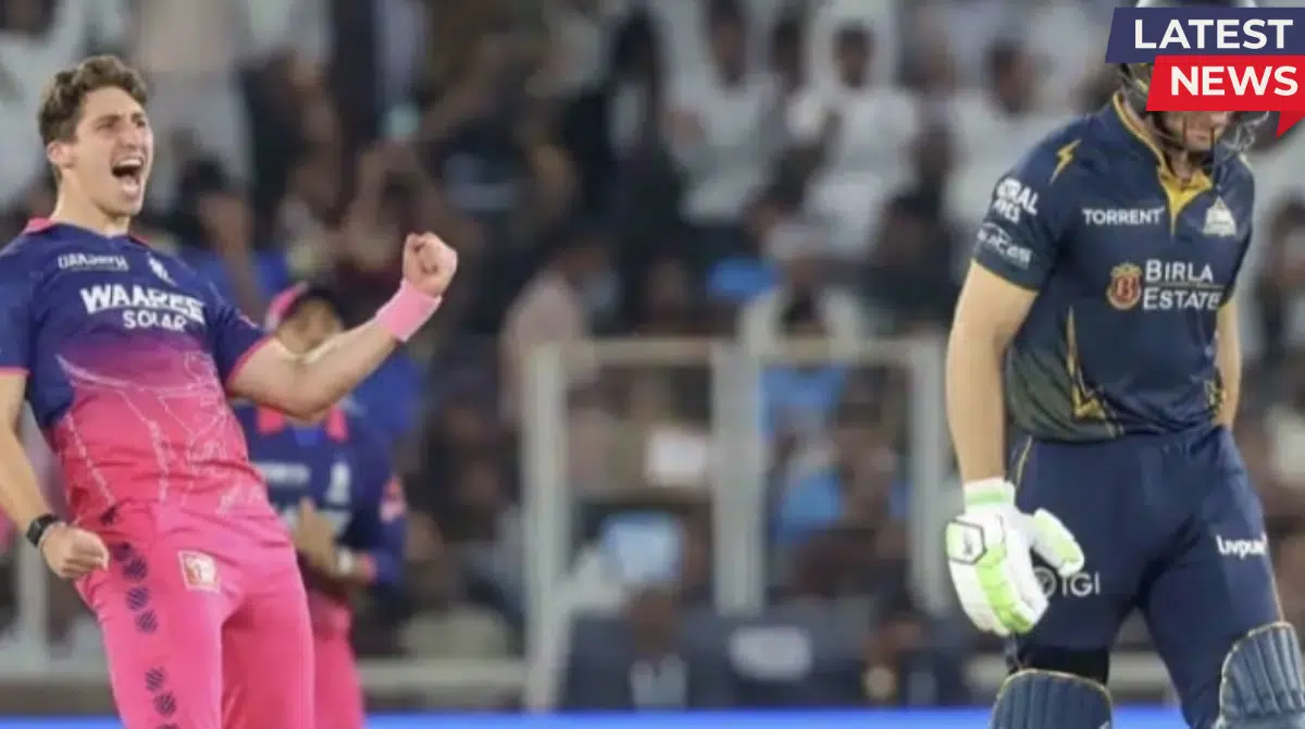 Rajasthan Royals bowler celebrates wicket as Gujarat Titans batsman reacts during high-scoring IPL 2026 match