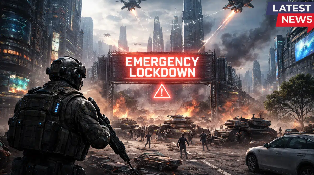 Futuristic city under emergency lockdown with military presence, drones in the sky, and civilians amid chaos